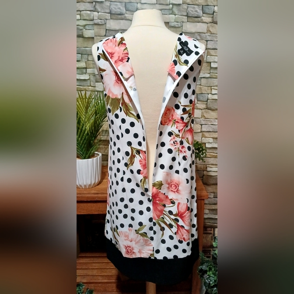 AGB Womens Size 10 Black White Polka Dot Floral Midi Dress Formal Feminine - Picture 4 of 6